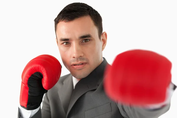 Close up de homem de negócios com luvas de boxe batendo — Fotografia de Stock