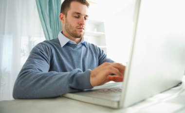 Businessman with his laptop in his home office clipart