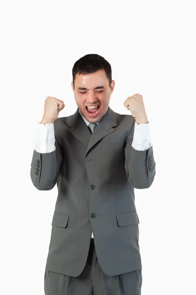 Porträt eines Geschäftsmannes mit erhobenen Fäusten — Stockfoto