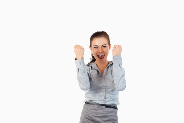 Happy businesswoman with the fists up — Stock Photo, Image