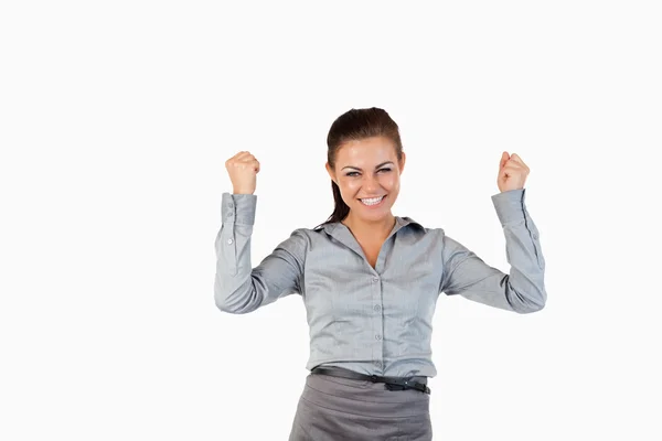 Successful businesswoman with the fists up — Stock Photo, Image