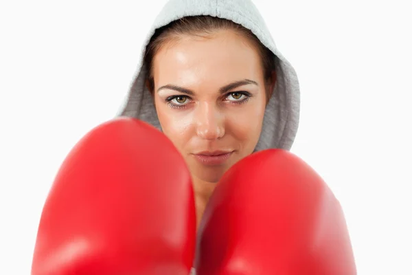 Female boxer wearing hoodie — Stock Photo, Image