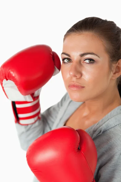 Retrato de una linda mujer con guantes de boxeo —  Fotos de Stock