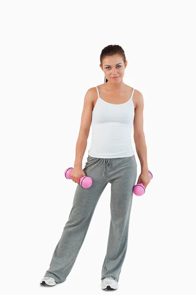 Portrait of a woman with dumbbells — Stock Photo, Image