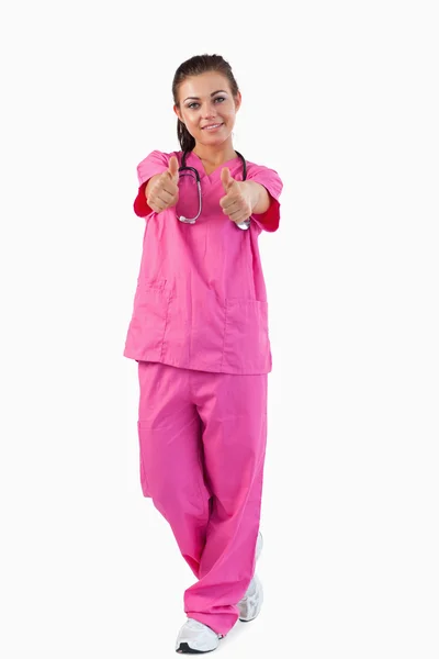 Portrait of a female doctor with thumbs up — Stock Photo, Image