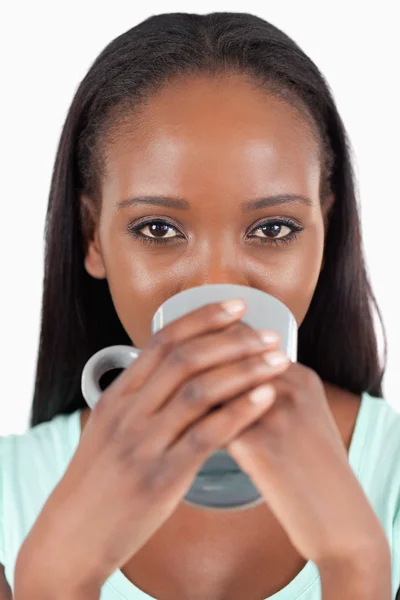 Close up of woman drinking coffee — Stock Photo, Image
