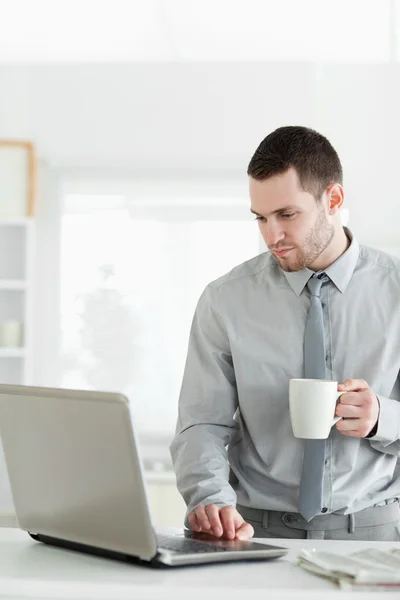 Portret van een zakenman met behulp van een laptop terwijl het drinken van thee — Stockfoto