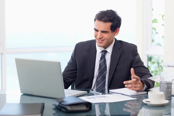 Upset businessman during a video conference — Stock Photo, Image