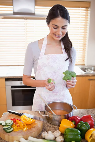 Retrato de uma mulher cozinhar uma sopa — Fotografia de Stock