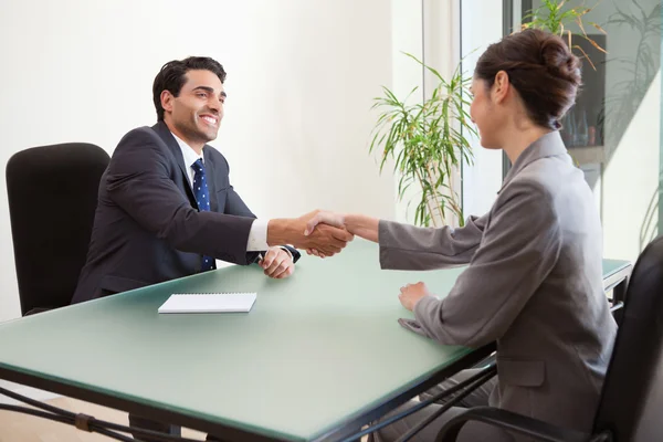 Lachende manager interviewen een goed uitziende aanvrager — Stockfoto