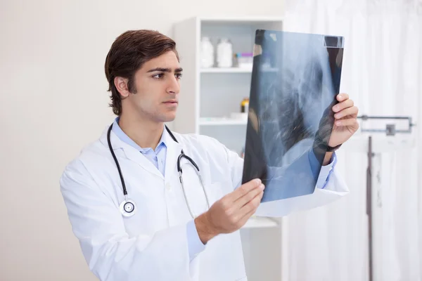 Erkek doktor röntgene bakıyor. — Stok fotoğraf