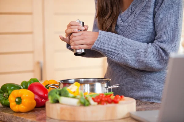 Γυναίκα προσθέτοντας πιπέρι το φυτικό stew她蔬菜炖煮的食物中加入辣椒的女人 — 图库照片