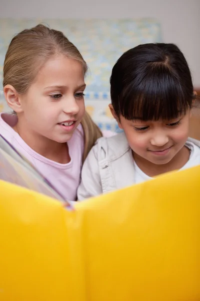 Portrait of cute schoolgirls reading — Stock Photo, Image