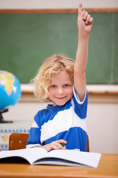 Портрет школьника, поднимающего руку — стоковое фото