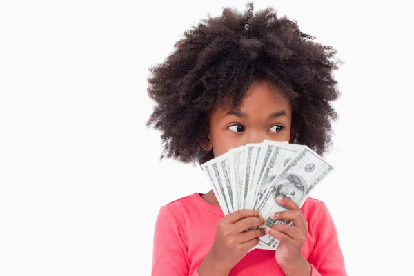 Girl showing bank notes — Stock Photo, Image