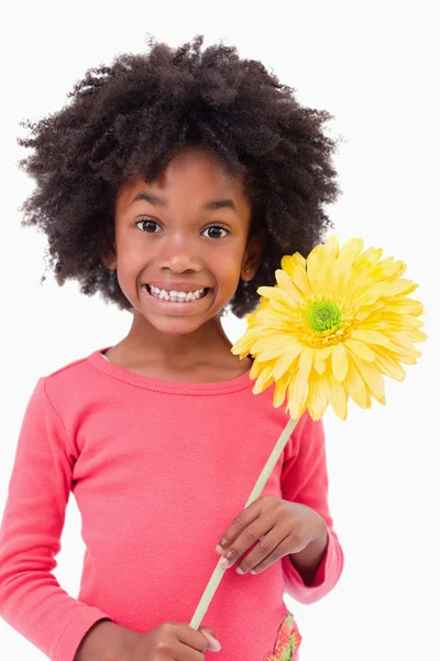 Portrét smějící se dívka drží květ — Stock fotografie