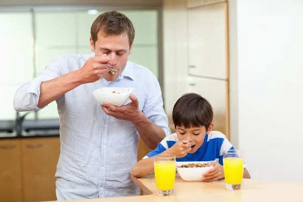 Отец и сын едят хлопья — стоковое фото