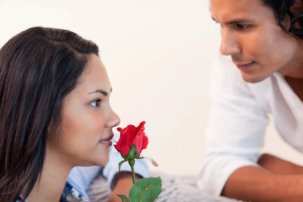 O macho deu uma rosa à namorada. — Fotografia de Stock