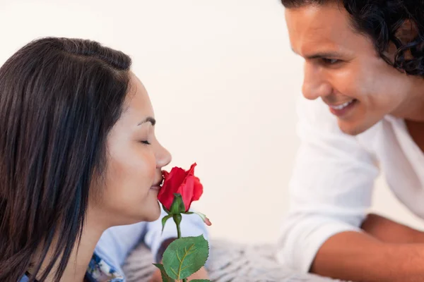 Чоловік дарує своїй дівчині троянду на день валентинки — стокове фото