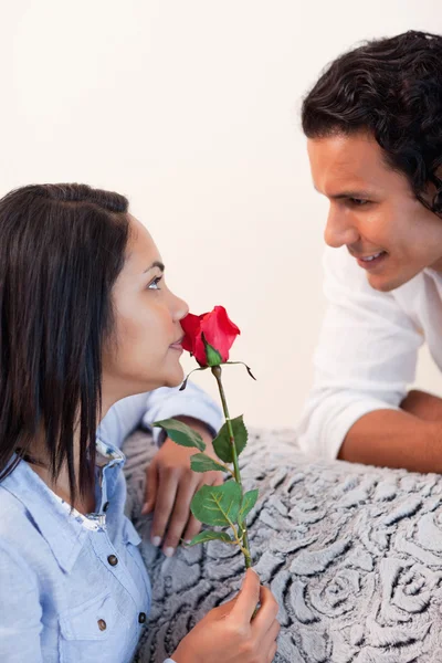女人有一朵玫瑰她男友的情人节 — 图库照片