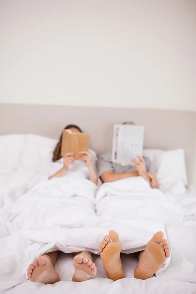 Retrato de una mujer leyendo un libro mientras su compañero está leyendo —  Fotos de Stock