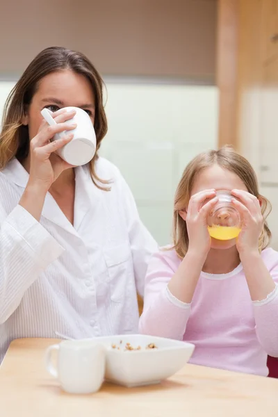 Retrato de uma mãe encantadora e sua filha tomando café da manhã — Fotografia de Stock