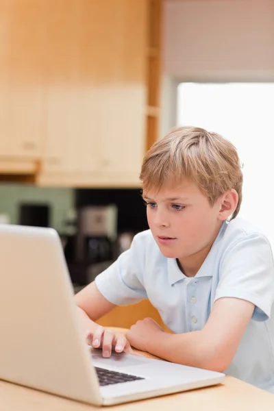 可爱的小男孩使用一台笔记本电脑的肖像 — 图库照片
