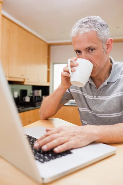 Portrait of a man using a laptop while drinking tea — Stock Photo, Image