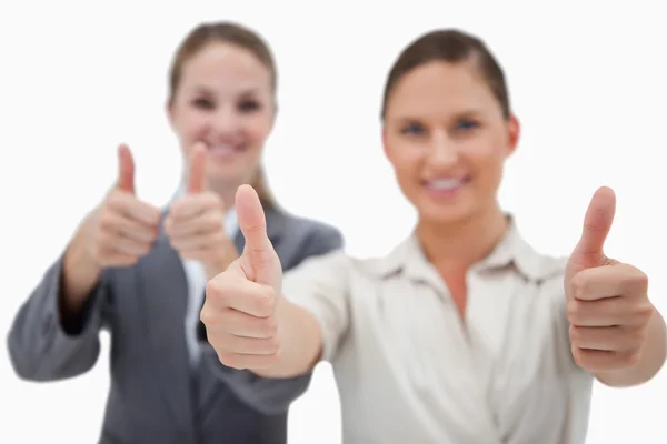 Happy businesswomen posing with the thumb up — Stock Photo, Image