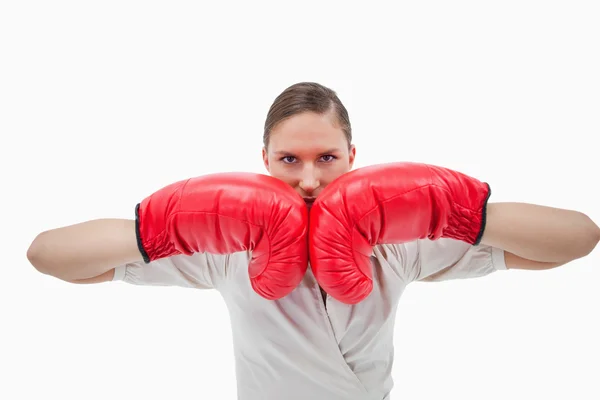 Businesswoman with boxing gloves — Stock Photo, Image
