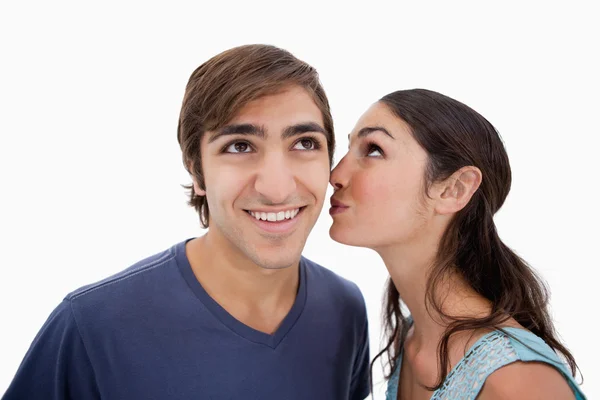 Lovely woman whispering something to her fiance — Stock Photo, Image