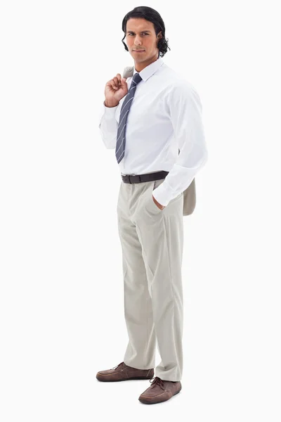 Portret pracownik biurowy, trzymając jego kurtka na jego shoulde — Zdjęcie stockowe
