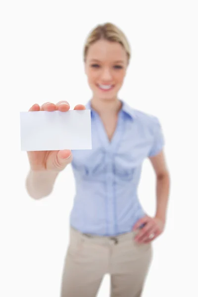 Blank business card being held by woman — Stock Photo, Image
