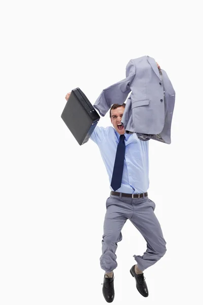 Счастливый бизнесмен с чемоданом прыгать — стоковое фото