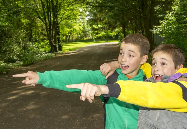 Portrait of two surprised boys, tweens are pointing and hugging — Stock Photo, Image