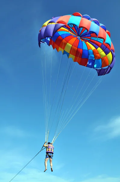 Letu na padáku na modré obloze — Stock fotografie
