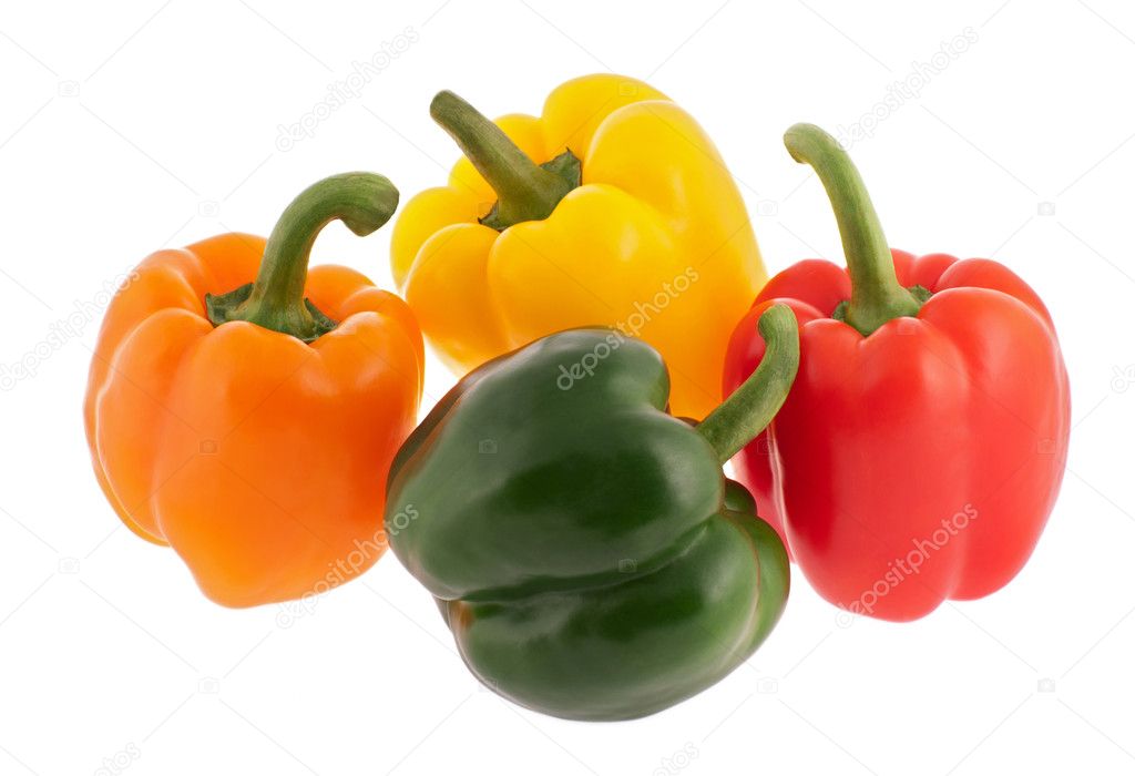 Four multicoloured bell peppers