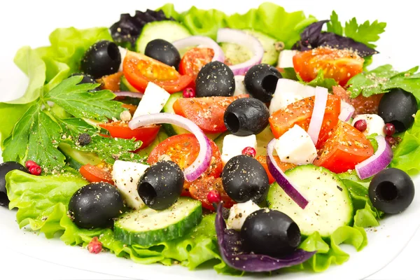 Salat, Tomaten, Oliven, Basilikum, Zwiebeln und Mozzarella — Stockfoto