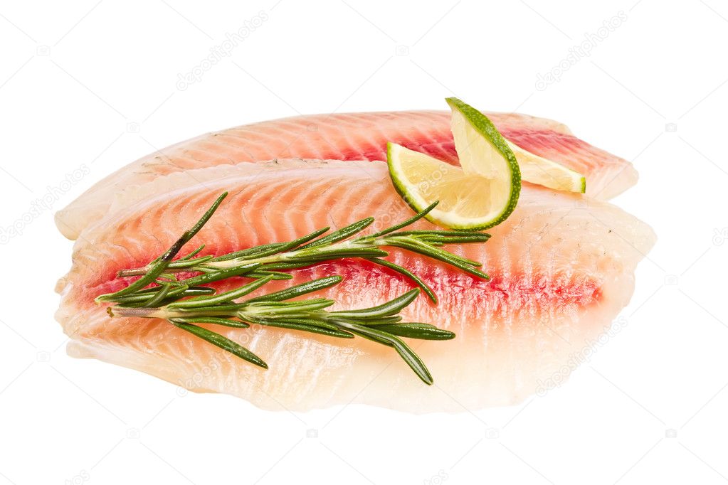 Tilapia fillet with a slice of lemon and rosemary isolated on wh