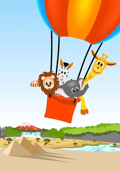 African animals in hot air balloon — Stock Vector