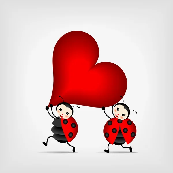 Büyük kırmızı kalp taşıyan ladybugs — Stok Vektör