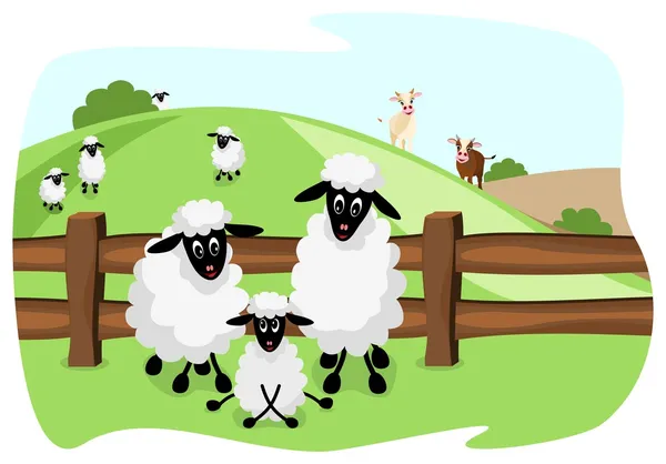 かわいい羊の牧草地に家族 — ストックベクタ