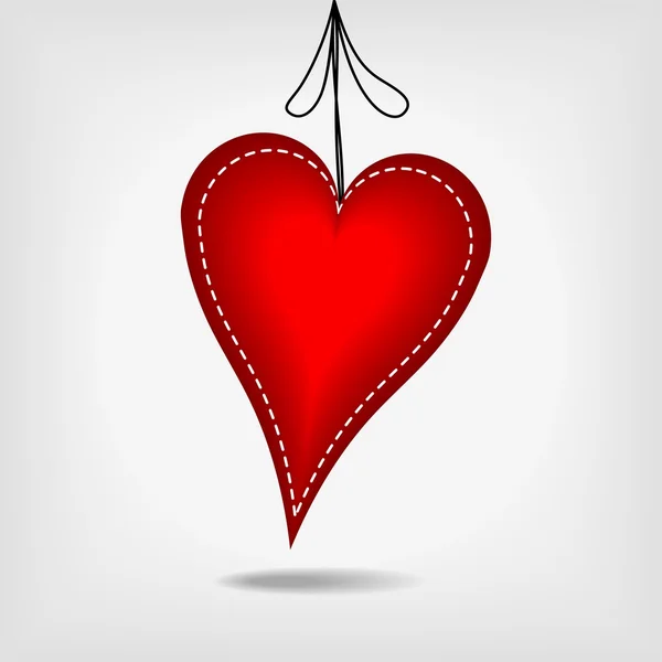 Corazón rojo colgante con puntadas blancas - ilustración vectorial — Vector de stock