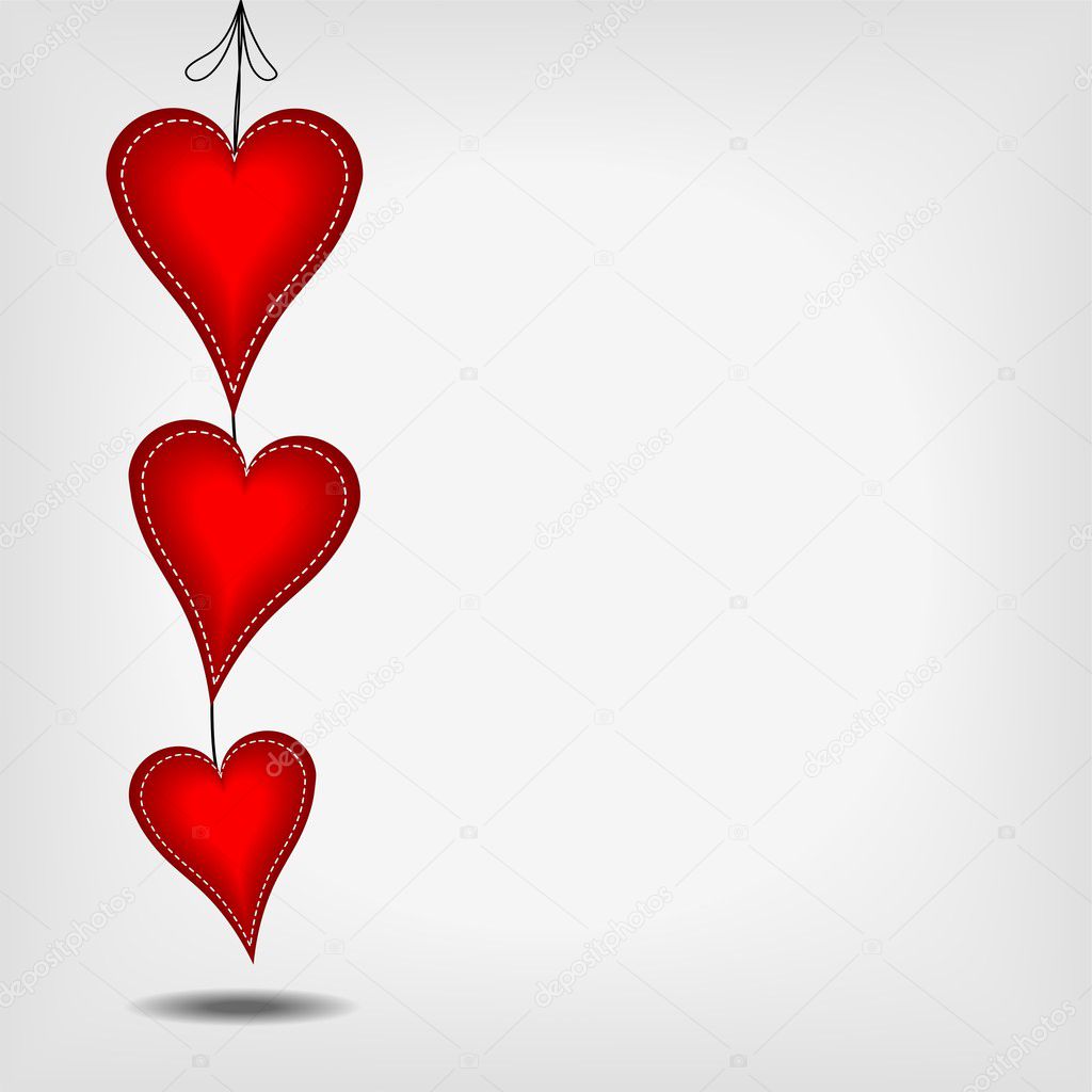 Three hanging red hearts with white stitches - vector illustrati