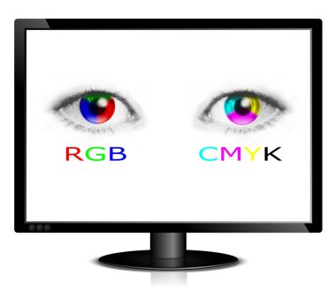 Monitor with eyes showing RGB and CMYK colors clipart