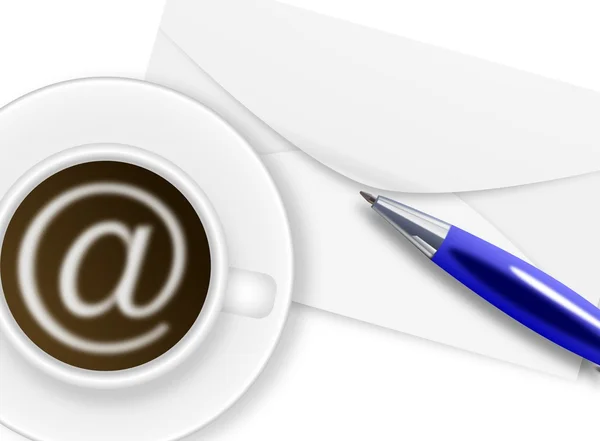 Filiżanka kawy z znak, długopis i koperty — Zdjęcie stockowe