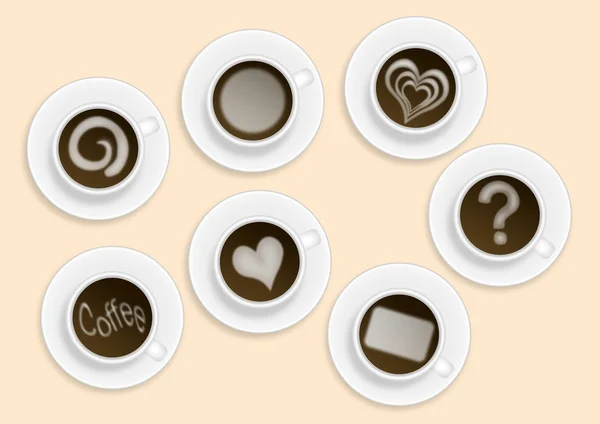 6 kahve fincanı çeşitli süt süslemeli çizim — Stok fotoğraf