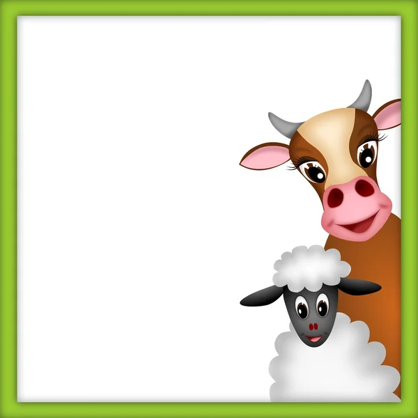 Cute cow and lamb in green frame — Stok fotoğraf