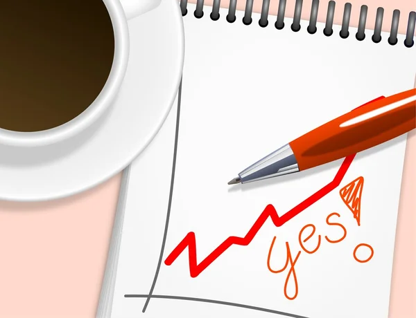 Röd diagram, anteckningar, kulspetspenna och kaffe — Stockfoto