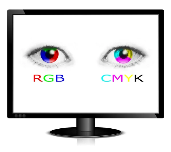 Монитор с глазами, показывающими цвета RGB и CMYK — стоковое фото